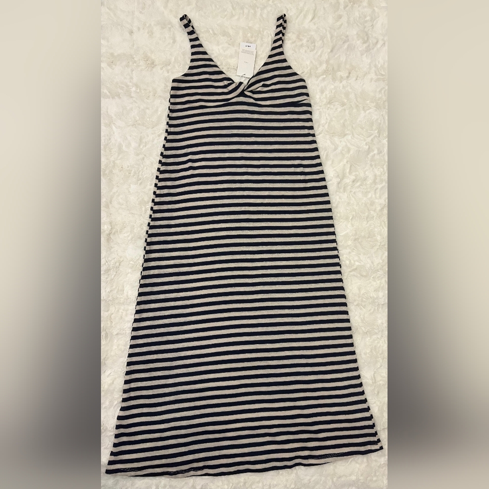 Mango Women Striped Cream/Navy Linen Dress w/Knot Twist Detail Size Small NWT